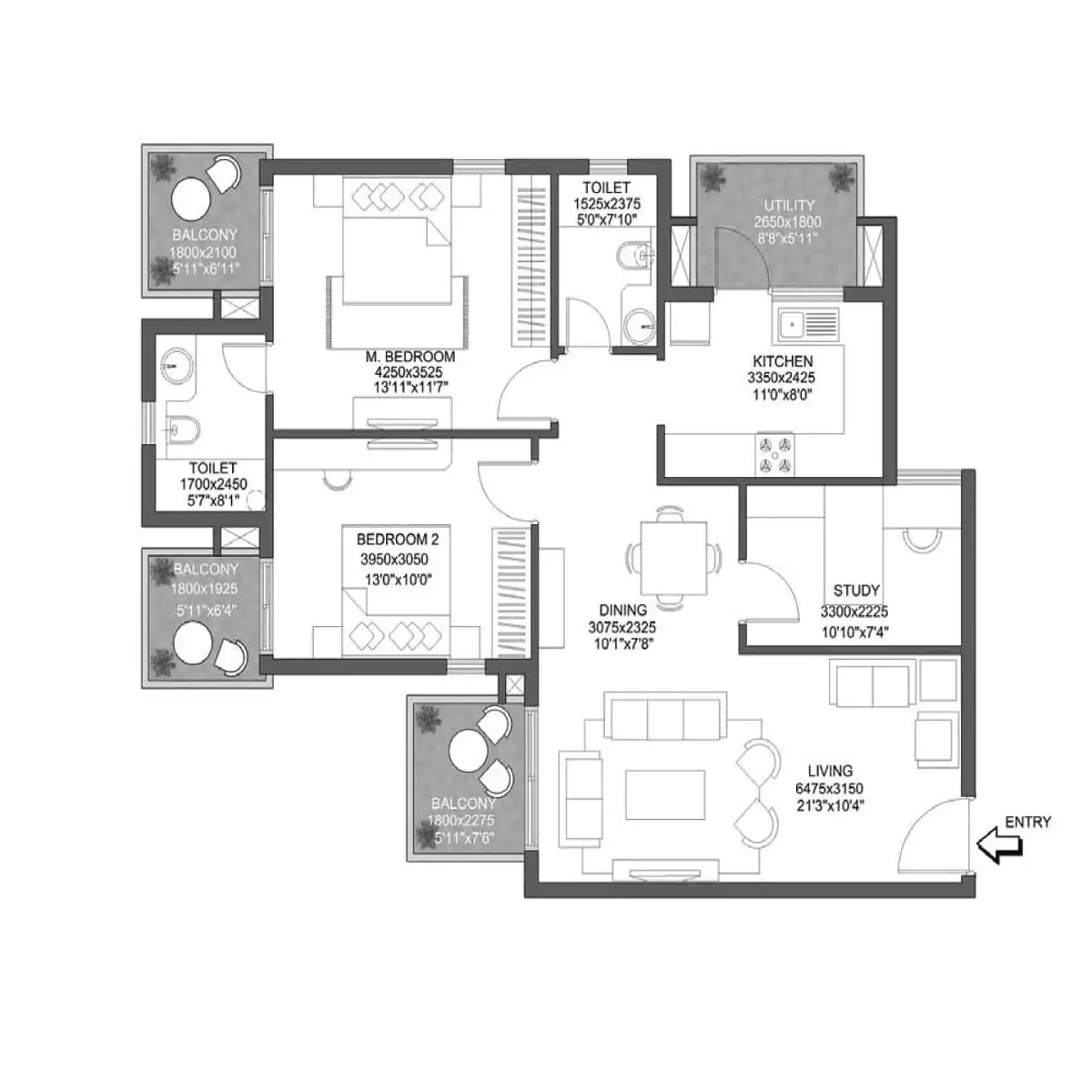 Ganga Realty Anantam Floor Plan - 3BHK 2400 Sq.ft.